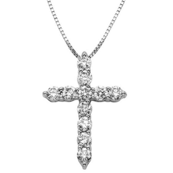 18K White Gold Genuine Diamond Cross Necklace - Picture 1 of 11